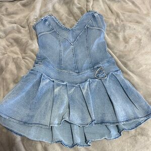 Denim Strapless Romper with Pleated Skirt